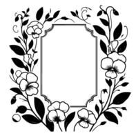 Elegant black and white floral frame with pansies, leaves, and a decorative empty center. vector