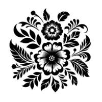 Symmetrical floral in black and white, featuring two large stylized flowers surrounded by leaves and decorative elements on a minimalist background. vector