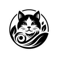Monochrome cat logo playful feline within a circle, featuring stylized leaves, whiskers, and a charming smile. vector