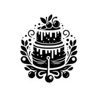 Black and white stylized illustration of a tiered cake with cherry topping, surrounded by decorative foliage and set on a stand, isolated on white. vector
