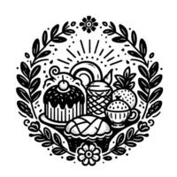 Decorative black and white circle composition featuring bakery treats, fruits, and floral accents in a rustic, minimalist style. vector