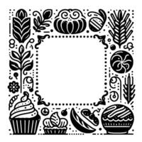 Ornate black and white dessertthemed frame, featuring cupcakes, fruits, and floral elements, enclosing a blank square. vector