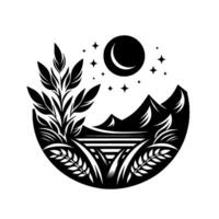 Black and white nature illustration of moon, stars, mountains, lake, and flora, in a minimalist circular design, evoking serenity. vector