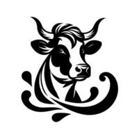 Monochromatic cow head emblem with curly embellishments dairy symbol in black and white, clean lines, and dairy splash. vector