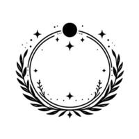 Minimalist circular celestial design a black and white laurel wreath, stars, and a central moon element on a plain white background. vector
