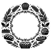 Elegant black and white bakery wreath loaves, cakes, and leafy flourishes circling empty center for text, inviting and classic design. vector
