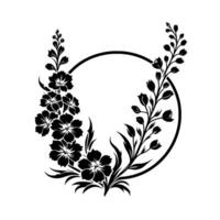 Black and white floral circle ornament a symmetrical featuring stylized flowers and foliage arranged around a simple circular frame. vector