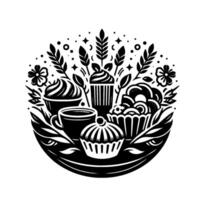 Monochrome bakery emblem stylized desserts and drinks adorned with botanical flourishes in a circular, decorative design. vector