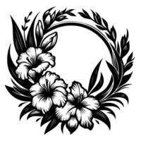 Black and white floral design, hibiscus blooms and leaves encircling a central ring, elegant, decorative illustration. vector