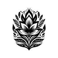 Black and white symmetrical floral with intricate leaf and petal patterns, dots, and a detailed ornamental arrangement against a white background. vector