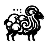 Minimalist black and white sheep silhouette with swirls, ram horns, and abstract cloudlike wool detailing on a clean white background. vector