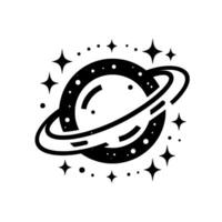Minimalist black and white space illustration depicting a ringed planet surrounded by stars and celestial elements, on white background. vector