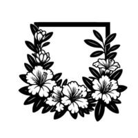 A minimalist black and white floral frame design, featuring stylized flowers, leaves, and a surrounding rectangular border, ideal for decorations. vector
