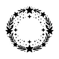 Black and white floral and star wreath, decorative circular border for invitations or elements, minimalist and elegant. vector