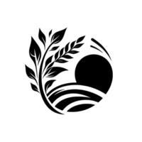 Abstract black and white depicting a stylized sun rising over rolling fields, with a central branch and leaves, evoking natures beauty. vector