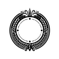 Elegant circular laurel wreath design, black white, decorative border, emblem with ornate leaf accents and a central empty space. vector