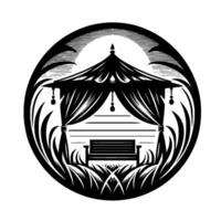 Intricate black and white illustration of a gazebo with a bench, surrounded by stylized foliage within a circular frame. vector