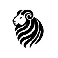 Bold black and white illustration of a rams head with curled horns and stripped fur, emblem. vector