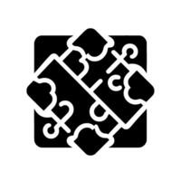 Abstract, minimalist puzzle with overlapping black puzzle pieces, and white lines, representing interconnection and problem solving on a dark background. vector