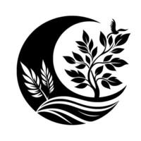 A minimalist, monochromatic illustration of a crescent moon cradling a tree, foliage, and a bird in flight, evoking nature. vector