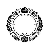 Elegant monochrome wreath with cupcake motifs, leafy elements, and an inviting circular frame, ideal for invitations or logos. vector