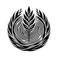 Intricate black and white illustration of a central foliage emblem surrounded by concentric, circular patterns resembling a crest or logo, on a plain white background. vector
