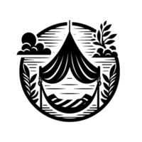 Black and white circular composition of a tent and hammock, with clouds and foliage, evoking a peaceful, rustic outdoor setting vector