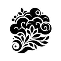 Bold black and white floral motif detailed of leaves, swirls, and rounded shapes in a decorative arrangement. vector