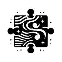 Abstract black and white puzzle piece with swirls, stripes, and star elements on a plain white background. vector