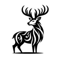 Stylized tribal deer illustration in black and white, featuring intricate patterns, majestic antlers, and clean lines on a white background. vector