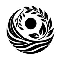 Abstract black and white circular featuring a central dot encircled by flowing lines, leaves, and vines, evoking nature and balance. vector