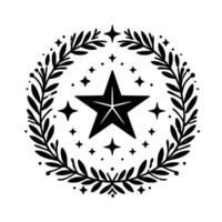 A symmetrical linocutstyle image of a fivepointed star surrounded by a laurel wreath and other smaller stars on a white background. vector