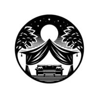 Circular illustration depicting a tranquil outdoor scene at night, with a sofa under a canopy, flanked by trees, moon and stars. vector