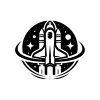 Illustration iconic space shuttle launching through galactic orbit, stars, and planetary rings, bold black and white design. vector