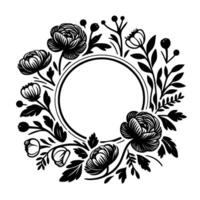 Elegant black and white floral wreath surrounding a circular center for text or design, minimalist style. vector