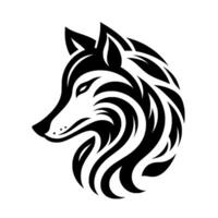 A stylized monochrome illustration of a wolfs head in profile, showcasing flowing, curved black lines on a white background. vector