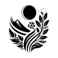 Black and white nature composition mountain, crescent, and botanical elements in a harmonious circle. vector