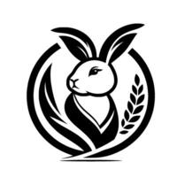 Monochrome illustration of a rabbit encircled within a round frame alongside stylized leaves and wheat, evoking nature and wildlife in a clean, minimalist style. vector