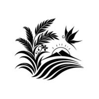 Minimalist black and white illustration of nature elements plants, sun, mountains, and butterfly, on white background. vector