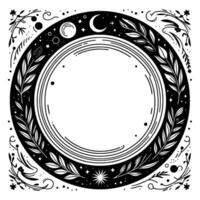 Intricate black and white circular illustration of a celestial botanical frame, featuring celestial bodies and floral elements, perfect for and artistic use. vector
