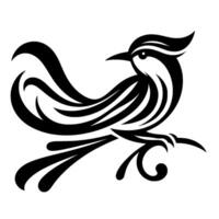 Elegant black and white bird silhouette perched on ornate branch, minimalist with curved lines and stylized feathers. vector