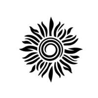 A symmetrical, black and white sun symbol illustration with stylized rays emanating from a central spiral, set against a stark white background. vector