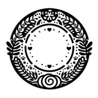 Circular black and white botanical frame with floral and leafy border, hearts, and decorative elements. vector