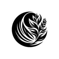 Elegant monochrome botanical emblem featuring a stylized leaf arrangement framed by a curving arc, against a bright white backdrop. vector