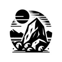 A bold, monochromatic showcasing a mountain range, sun, and stylized terrain within a circular frame, invoking nature. vector