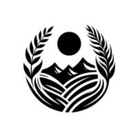 Monochrome circular emblem featuring stylized mountains, sun, farmland, and wheat stalks, evoking agricultural prosperity, framed in a symmetrical design. vector