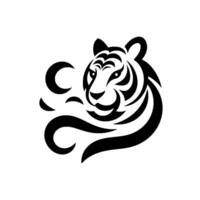 A minimalist, stylized tiger illustration, rendered in bold black and white, featuring abstract organic shapes conveying a sense of strength and artistic elegance. vector