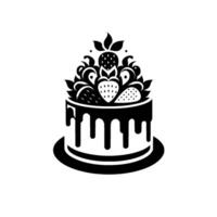 Elegant black and white cake featuring strawberries and dripping icing, on a simple white background. vector
