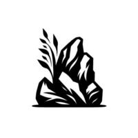 Stylized black and white illustration of a rock formation with plant life, minimalist and symbolic. vector