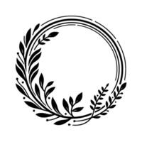 Elegant black and white botanical wreath with leafy branches and dots, circular for invitations and decorations. vector